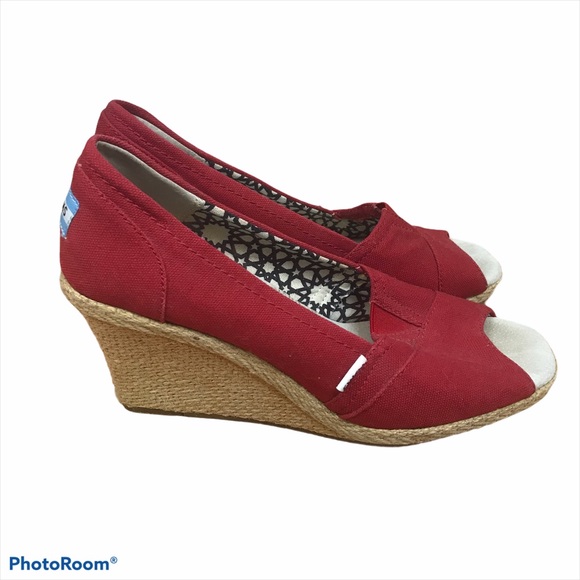 Toms Classic Red Canvas Peep Toe Wedge Espadrilles